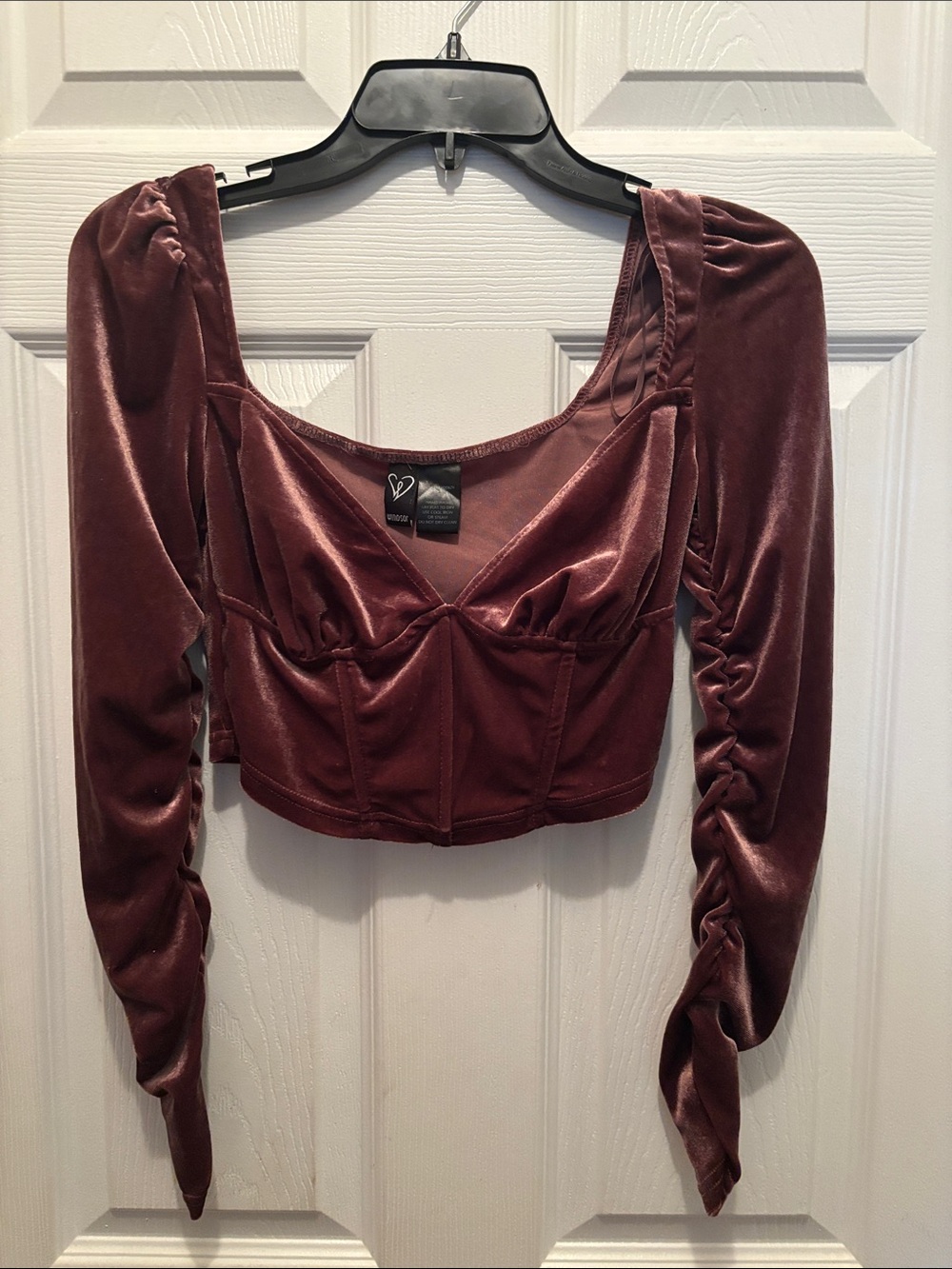 Windsor Brown Velvet Ruched Long-Sleeve Crop Top